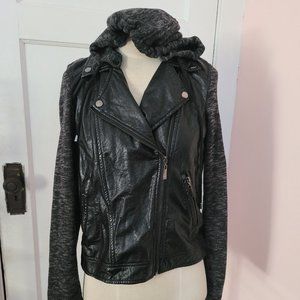 E2 Black Faux Leather Moto Removable Hood Jacket Excellent Size M